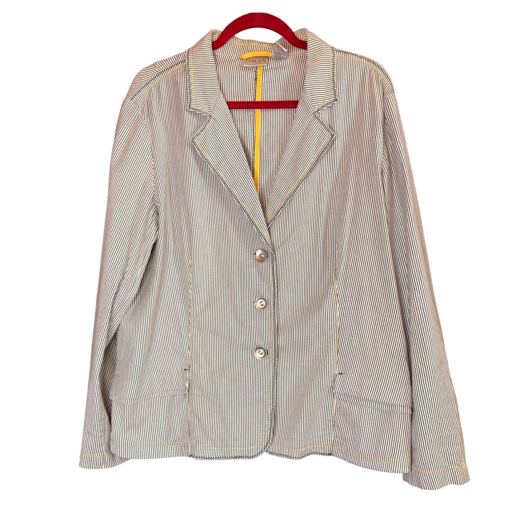 Chicos Striped Cotton Blazer Navy White Yellow Contrast Stitch Size 3‎ XL